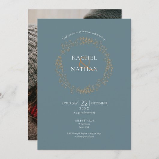 Elegant gouden bloemenkrans Verloving Uitnodiging (Voorkant / Achterkant)