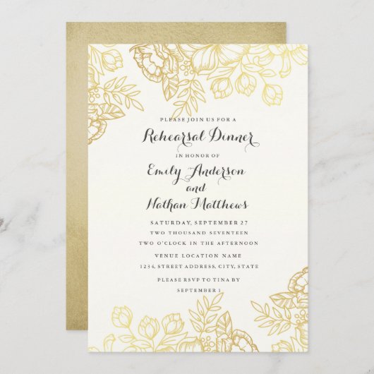 Elegant gouden  bloemenrepetitiediner kaart (Voorkant / Achterkant)