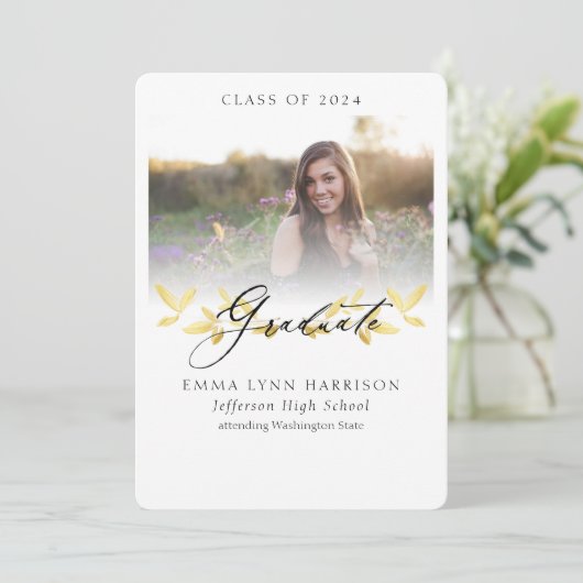 Elegant gouden bloemenscript foto Afstuderen Kaart (Staand voorkant)