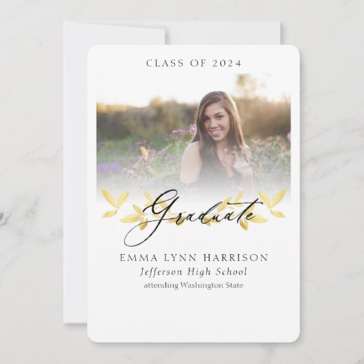 Elegant gouden bloemenscript foto Afstuderen Kaart (Voorkant)