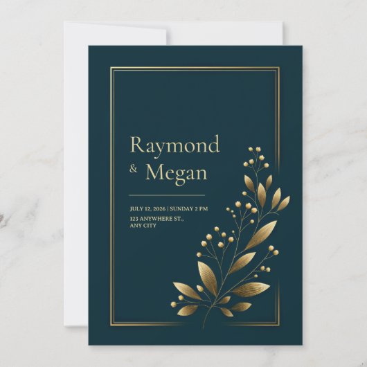 Elegant Gouden Bloemige Blad Bruiloft Kaart (Voorkant)