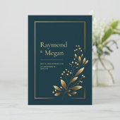 Elegant Gouden Bloemige Blad Bruiloft Kaart (Staand voorkant)