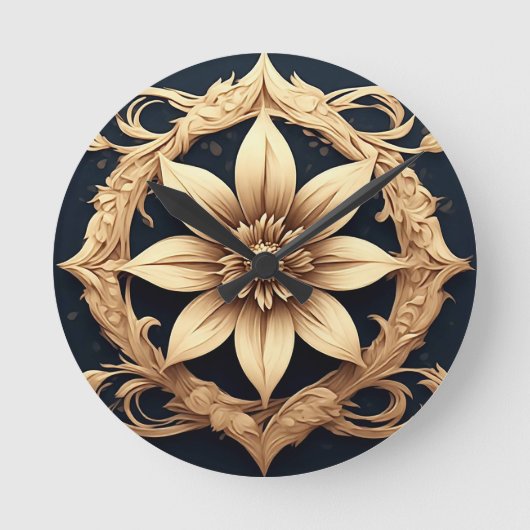 Elegant Gouden Bloemontwerp Ronde Klok (Voorkant)