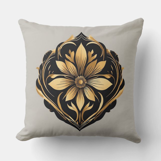 Elegant Gouden Bloemornament Kussen (Voorkant)