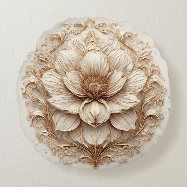 Elegant Gouden Bloemornament Rond Kussen (Voorkant)