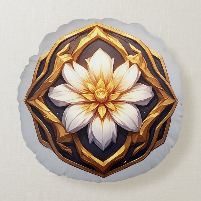 Elegant Gouden Bloemornament Rond Kussen (Voorkant)