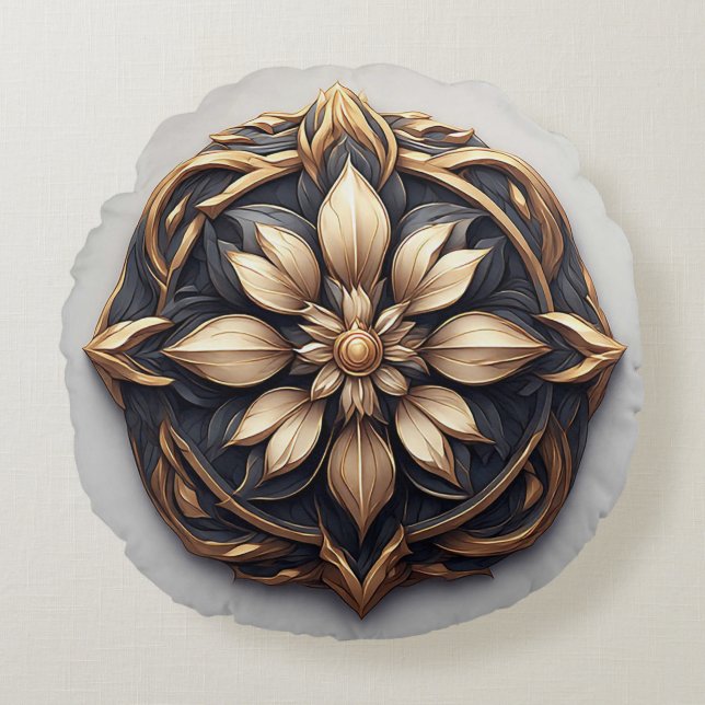 Elegant Gouden Bloemornament Rond Kussen (Voorkant)