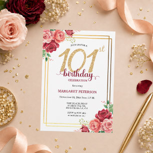 Elegant Gouden Blush Bloemen 101e Verjaardagsfeest Kaart