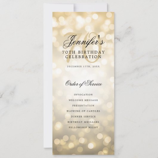 Elegant gouden bokeh 70e verjaardagsprogramma met kaart (Voorkant)