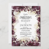 Elegant gouden bordeaux waterverf bloemenbruiloft kaart (Voorkant)