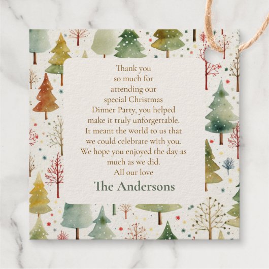 Elegant gouden bos dennenboom kerstdiner bedankjes labels (Achterkant)