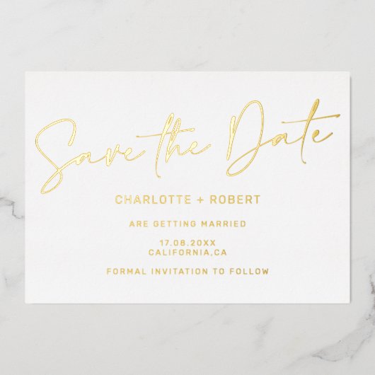 Elegant gouden bruiloft met foto op de datum folie uitnodiging (Voorkant)