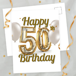 Elegant Gouden Confetti en Ballonnen 50e Verjaarda Briefkaart