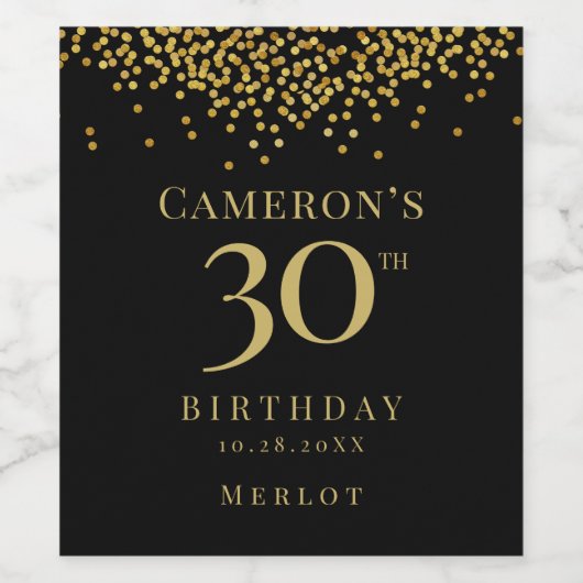 Elegant Gouden Confetti zwart 30ste verjaardag gew Wijn Etiket (Enkel label)