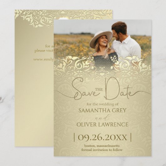 Elegant gouden Damask Save the Date Kaart (Voorkant / Achterkant)