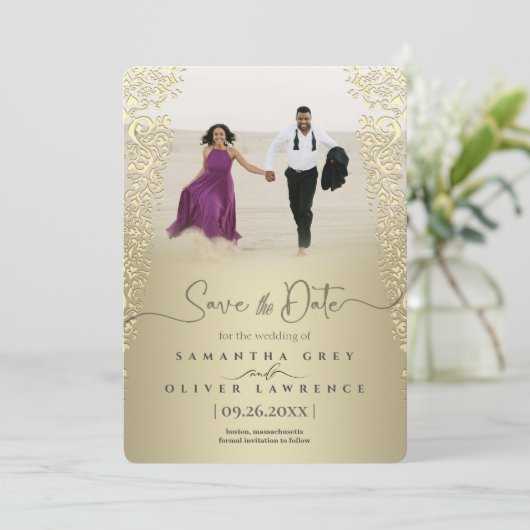 Elegant gouden Damask Save the Date Kaart (Staand voorkant)