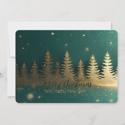 Elegant gouden dennenbos silhouet op smaragd feestdagenkaart (Voorkant)
