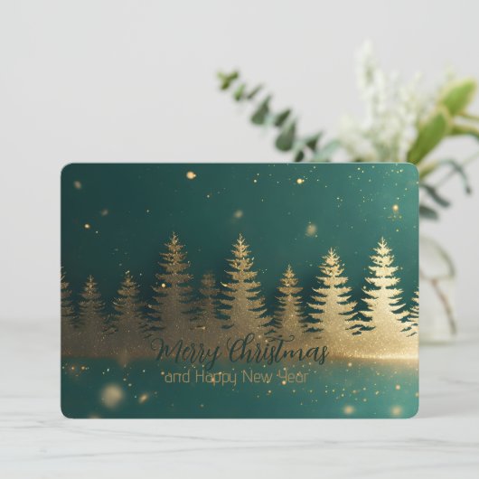 Elegant gouden dennenbos silhouet op smaragd feestdagenkaart (Staand voorkant)