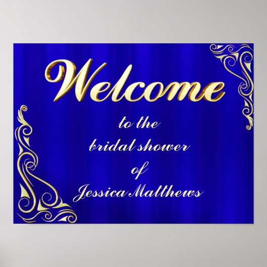 Elegant gouden en blauwe bruidsbad welcome bord poster (Voorkant)