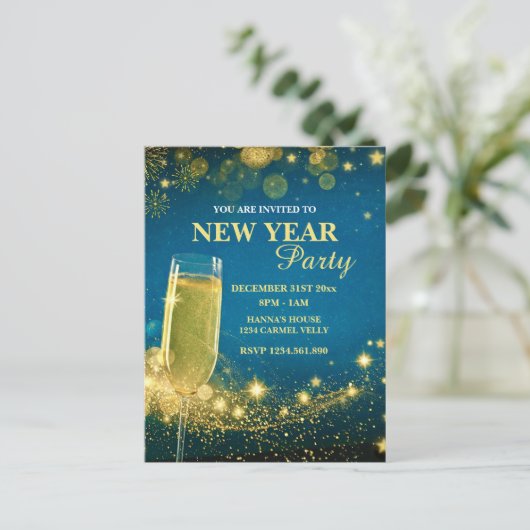 Elegant gouden en blauwe oudejaarsfeest briefkaart (Staand voorkant)