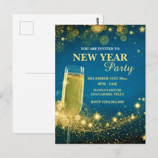 Elegant gouden en blauwe oudejaarsfeest briefkaart (Voorkant / Achterkant)