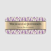 Elegant gouden en lavendel bloemenpatroon: Paarse Naamplaatje (Voorkant)