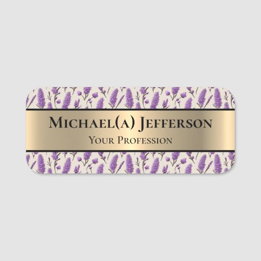 Elegant gouden en lavendel bloemenpatroon: Paarse Naamplaatje (Voorkant)