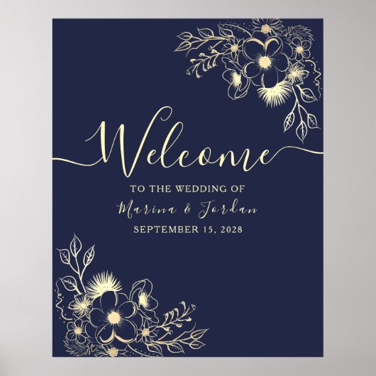 Elegant gouden en marineblauwe bruiloft welkomstbo poster (Voorkant)