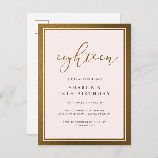 Elegant gouden en pastelroze 18e verjaardagsfeestj uitnodiging briefkaart (Voorkant / Achterkant)