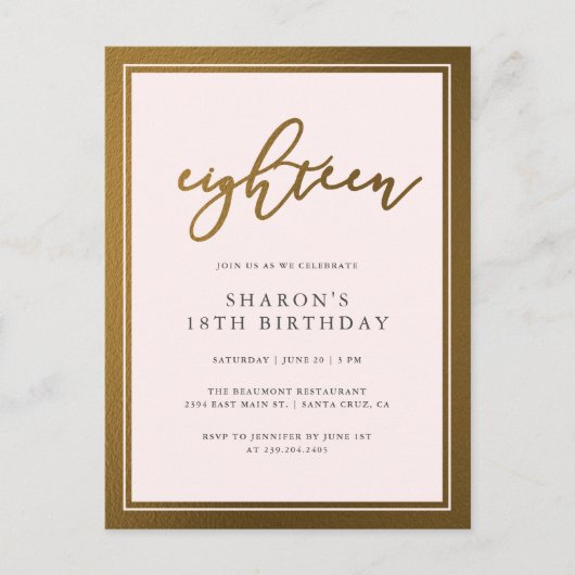 Elegant gouden en pastelroze 18e verjaardagsfeestj uitnodiging briefkaart (Voorkant)