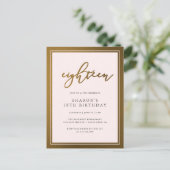 Elegant gouden en pastelroze 18e verjaardagsfeestj uitnodiging briefkaart (Staand voorkant)