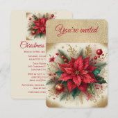 Elegant gouden en rode poinsettia kerstfeest kaart (Voorkant / Achterkant)