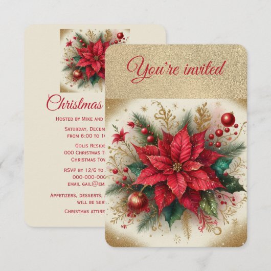 Elegant gouden en rode poinsettia kerstfeest kaart (Voorkant / Achterkant)