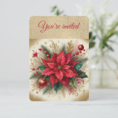 Elegant gouden en rode poinsettia kerstfeest kaart (Staand voorkant)