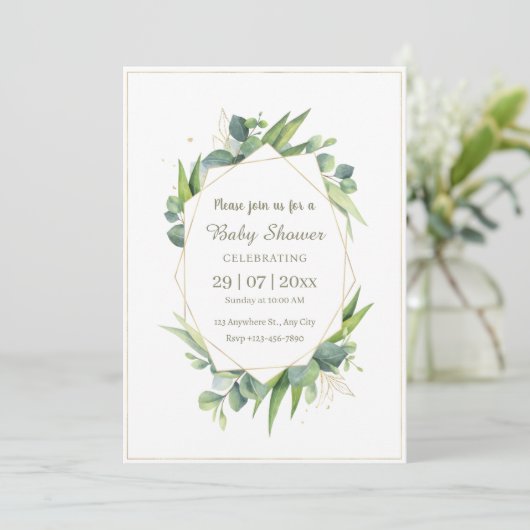 Elegant gouden eucalyptus Baby shower uitnodiging (Staand voorkant)