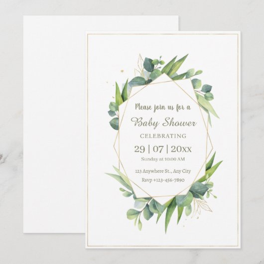 Elegant gouden eucalyptus Baby shower uitnodiging (Voorkant / Achterkant)