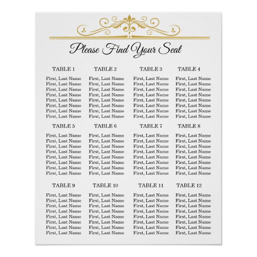 Elegant Gouden Filigraan Bruiloft Zittingkaart Perfect Poster (Voorkant)