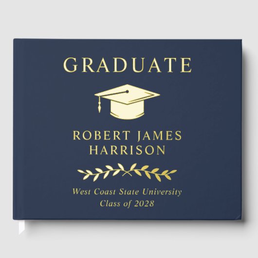 Elegant Gouden Folie Blauw Graduation Party Gastenboek (Voorkant)