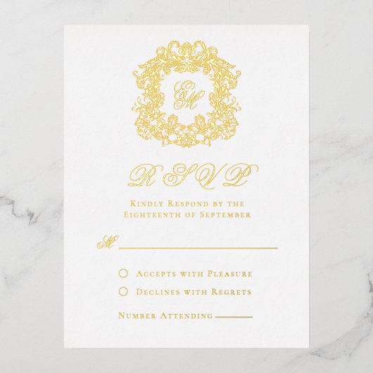 Elegant Gouden Folie Crest Monogram Bruiloft RSVP  Folie Uitnodiging Briefkaart (Voorkant)