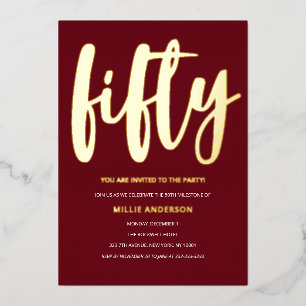 Elegant Gouden Folie en Dieprood 50ste Verjaardags Folie Uitnodiging