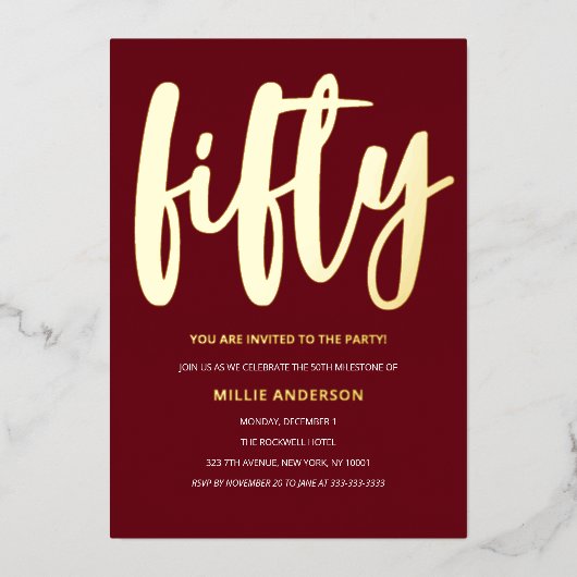 Elegant Gouden Folie en Dieprood 50ste Verjaardags Folie Uitnodiging (Voorkant)
