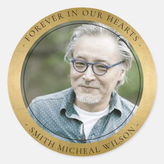 ELEGANT GOUDEN FOLIE FAUX SYMPATHIE GEDENKFOTO RONDE STICKER (Voorkant)