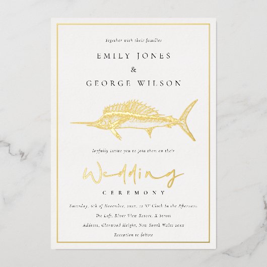 Elegant Gouden Folie Marine Vis Bruiloft Folie Uitnodiging (Voorkant)