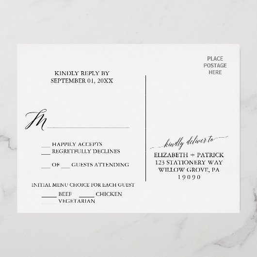 Elegant Gouden Folie Menu Keuze RSVP Briefkaart (Achterkant)