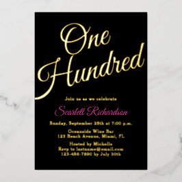 Elegant Gouden Folie Roze Zwart 100ste Verjaardags Folie Uitnodiging