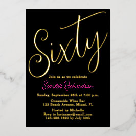 Elegant Gouden Folie Roze Zwart 60ste Verjaardagsf Folie Uitnodiging
