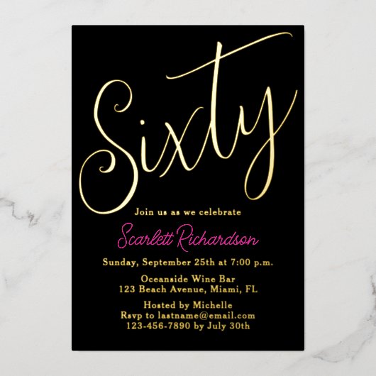 Elegant Gouden Folie Roze Zwart 60ste Verjaardagsf Folie Uitnodiging (Voorkant)