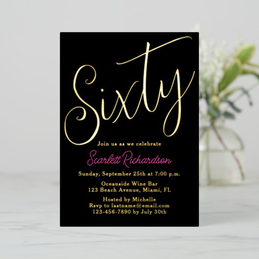 Elegant Gouden Folie Roze Zwart 60ste Verjaardagsf Folie Uitnodiging (Staand Voorkant)