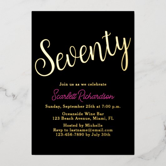 Elegant Gouden Folie Roze Zwart 70ste Verjaardagsf Folie Uitnodiging (Voorkant)