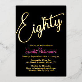 Elegant Gouden Folie Roze Zwart 80ste Verjaardagsf Folie Uitnodiging